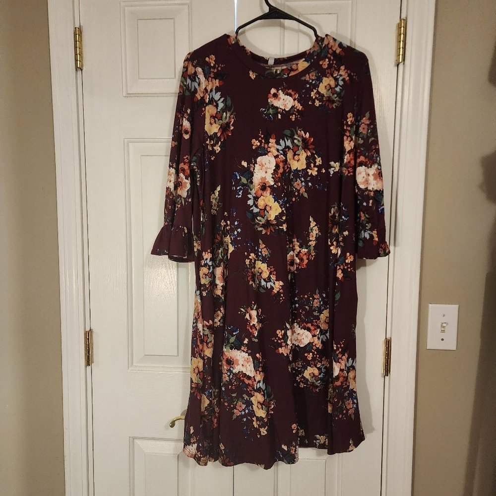 Burgundy Floral Dress, XL
